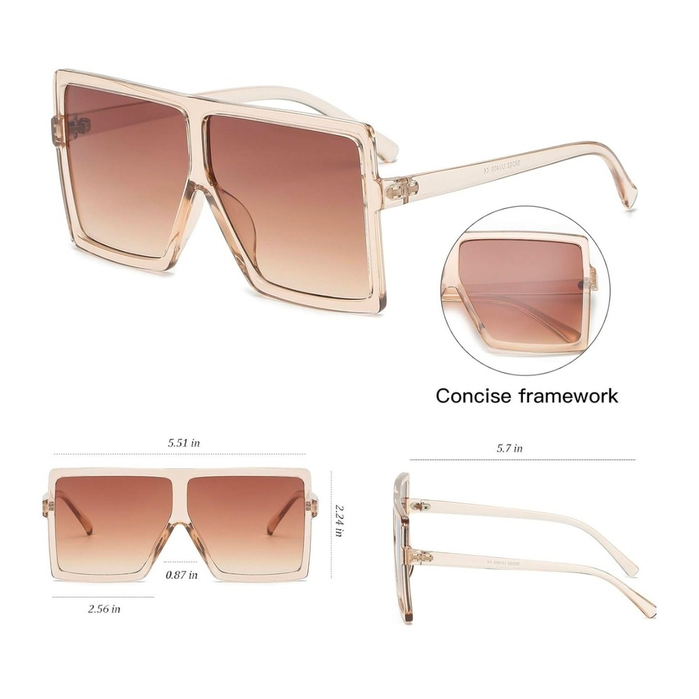 Square Sunglasses Women OS Champagne New Oversized Flat Top UV400